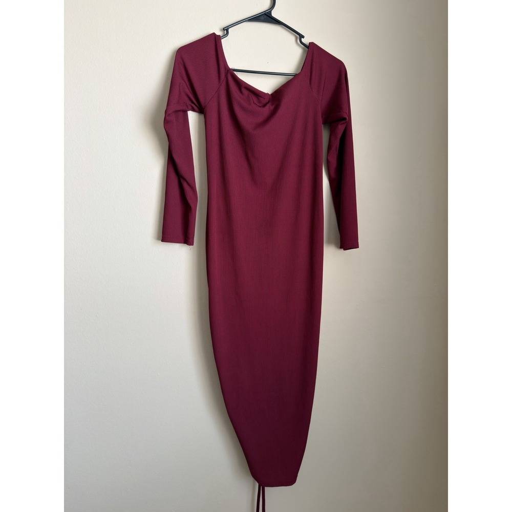 PrettyLittleThing Burgundy Ribbed Off Shoulder Ruched Drawstring Midi Dress S 10 - Picture 7 of 10